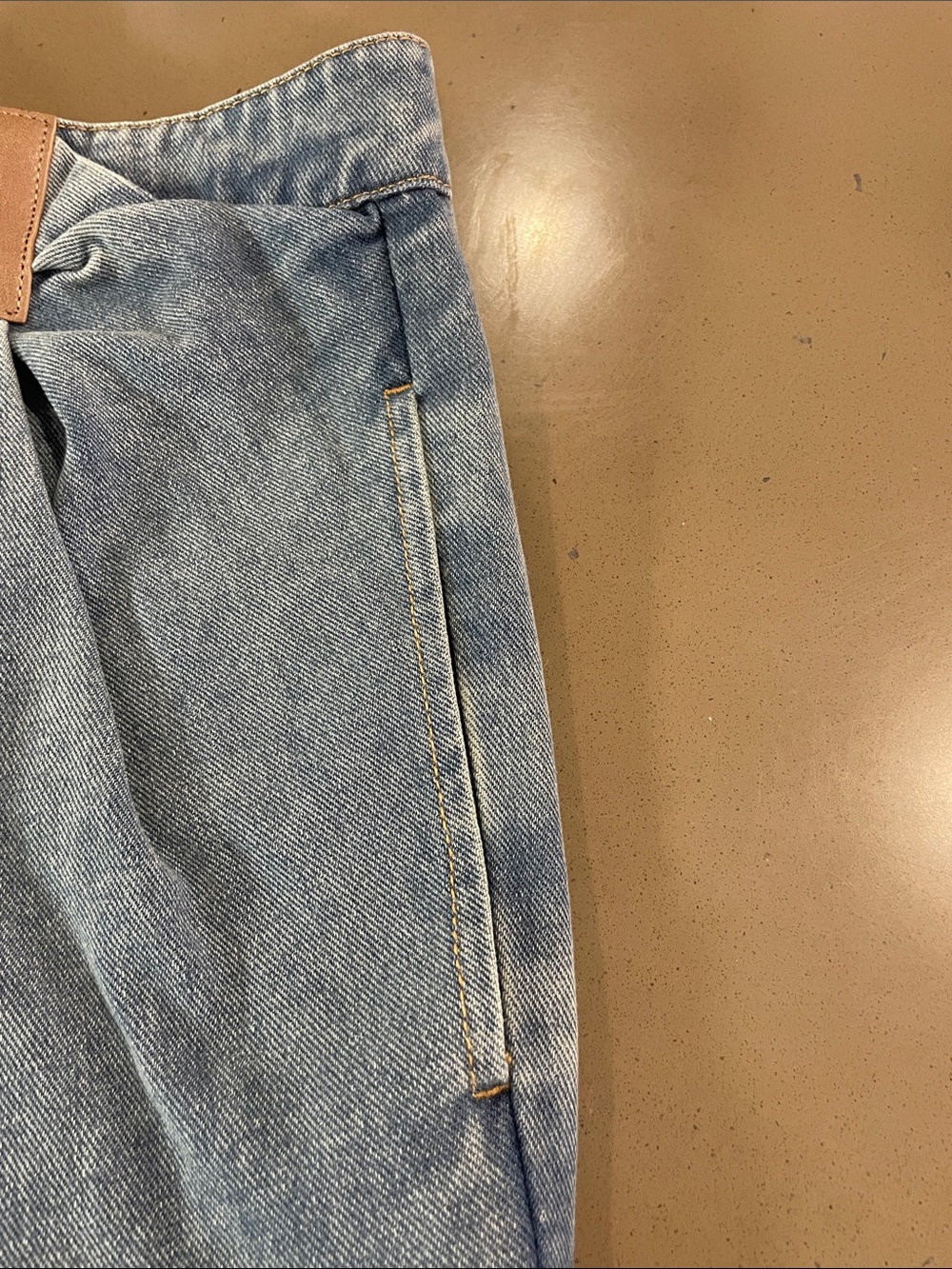 Commense Wide-Leg Draped Jeans with Tan Accent Patch - Blue - Picture 7 of 8